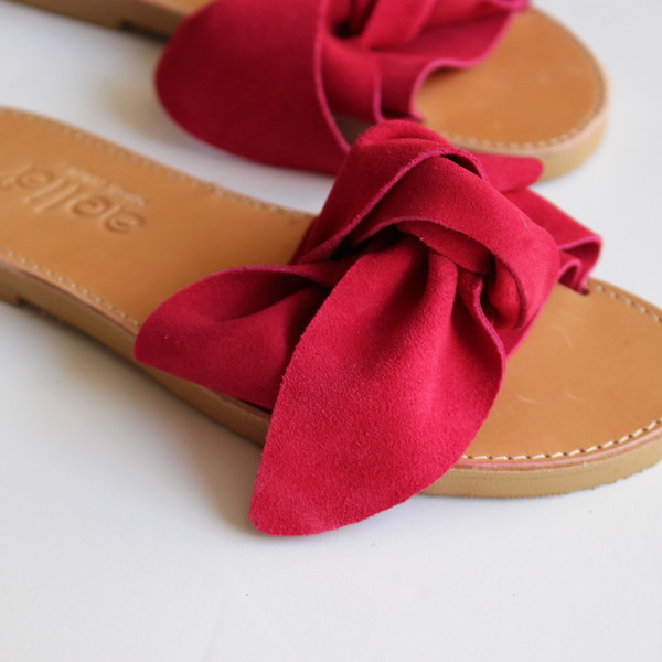 bow sandals red - δέρμα, ύφασμα, φλατ, slides - 4