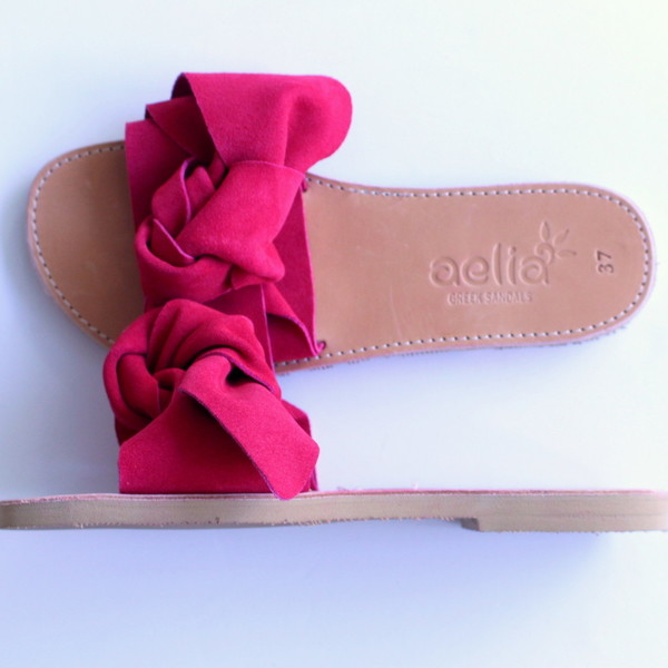 bow sandals red - δέρμα, ύφασμα, φλατ, slides - 5