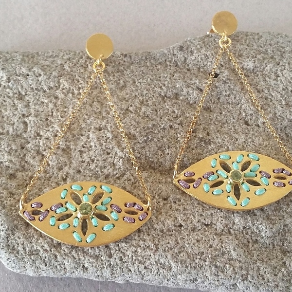 Josephine mini stone earrings-Χειροποίητα Κεντητά Σκουλαρίκια Από Επιχρυσωμένο Ασήμι 925 - ασήμι, ημιπολύτιμες πέτρες, επιχρυσωμένα, κορδόνια, μακριά, boho, ethnic, κρεμαστά