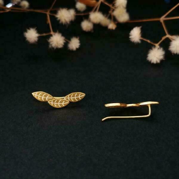 Ear cuffs χρυσά σκουλαρίκια φύλλα Ear climber earrings σε ασήμι 925 - statement, ασήμι, σταγόνα, επάργυρα, γεωμετρικά σχέδια, φύλλο, romantic, minimal, μικρά, boho, ethnic - 2
