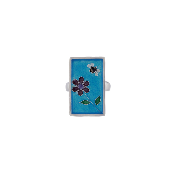 Cloisonne ορθογώνιο δαχτυλίδι με σμάλτο σε ασήμι 925 λουλούδι μέλισσα - statement, vintage, γυαλί, ασήμι 925, επάργυρα, personalised, boho, ethnic, σταθερά, σταθερά, μεγάλα