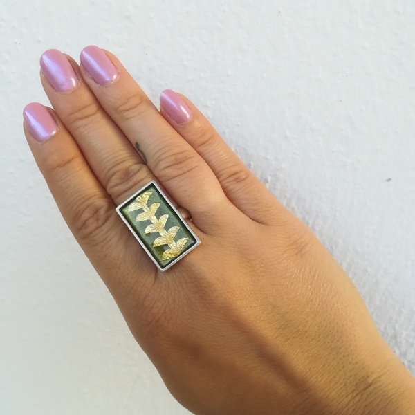 Cloisonne ορθογώνιο δαχτυλίδι με σμάλτο σε ασήμι 925 και φύλλο χρυσού 24Κ - statement, vintage, γυαλί, ασήμι 925, επάργυρα, minimal, personalised, boho, σταθερά, μεγάλα - 3