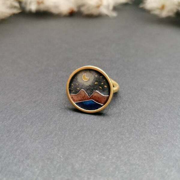 Επίχρυσο δαχτυλίδι με σμάλτο σε ασήμι 925 moon ring - statement, αυξομειούμενα, επάργυρα, γυαλί, ασήμι 925, boho, personalised, vintage, φεγγάρι - 4
