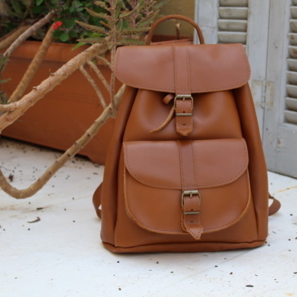 Δερμάτινη τσάντα πλάτης με 1 τσέπη σε χρώμα ταμπά - vintage, πλάτης, σακίδια πλάτης, romantic, all day, minimal, boho, ethnic - 2