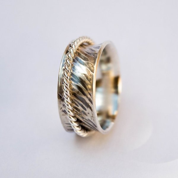 Ασημένιο δαχτυλίδι spinner ριγέ - statement, ασήμι, vintage, ασήμι 925, minimal, boho, rock, σταθερά, μεγάλα