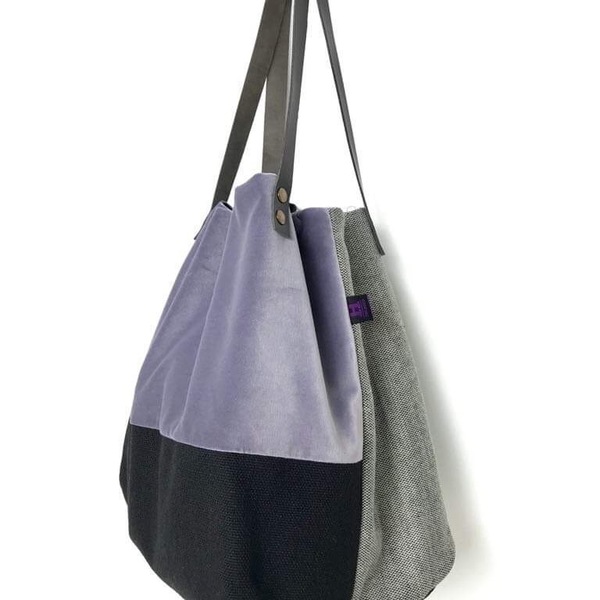 Χειροποίητη τσάντα ώμου oversized διπλής όψης purple - ώμου, διπλής όψης, βελούδο, χειροποίητα, must αξεσουάρ