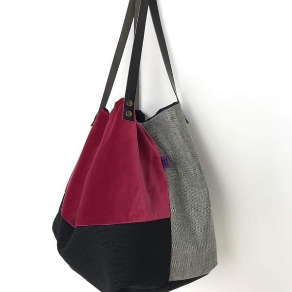 Χειροποίητη τσάντα ώμου oversized διπλής όψης velvet red - ώμου, διπλής όψης, βελούδο, χειροποίητα, καθημερινό, must αξεσουάρ