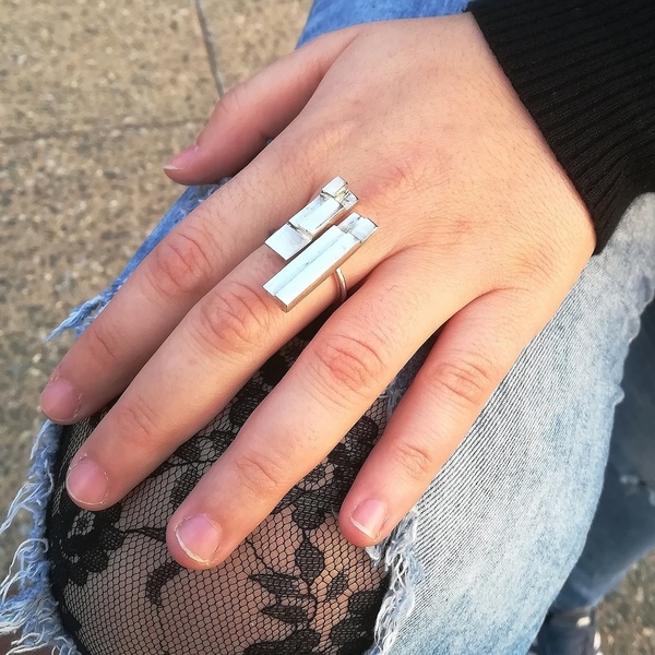 Ασημένιο δαχτυλίδι 925, με ορθές γωνίες και παραλληλόγραμμα. - ασήμι, χειροποίητα, μεγάλα - 3