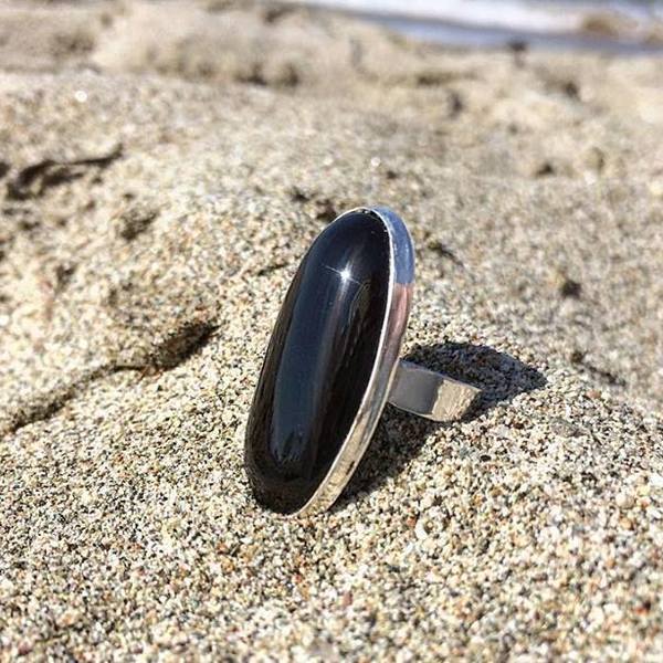 A bl black agate ring oval - ασήμι, ημιπολύτιμες πέτρες, επάργυρα, boho, μεγάλα, Black Friday, αυξομειούμενα - 4