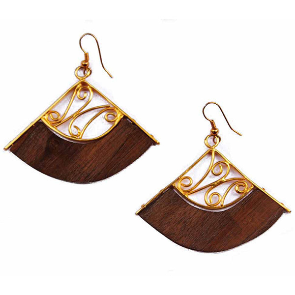 Σκουλαρίκια επίχρυσα, ξύλινα ( wooden gold earrings) - επιχρυσωμένα, μπρούντζος, κρεμαστά - 2