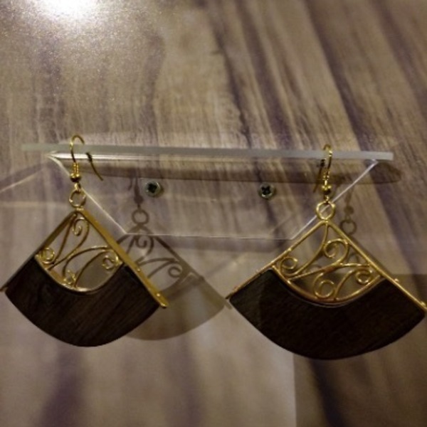 Σκουλαρίκια επίχρυσα, ξύλινα ( wooden gold earrings) - επιχρυσωμένα, μπρούντζος, κρεμαστά - 3