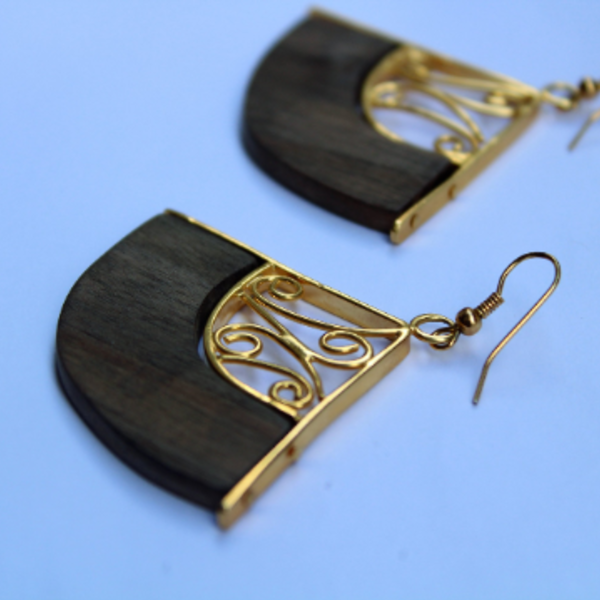 Σκουλαρίκια επίχρυσα, ξύλινα ( wooden gold earrings) - επιχρυσωμένα, μπρούντζος, κρεμαστά - 4
