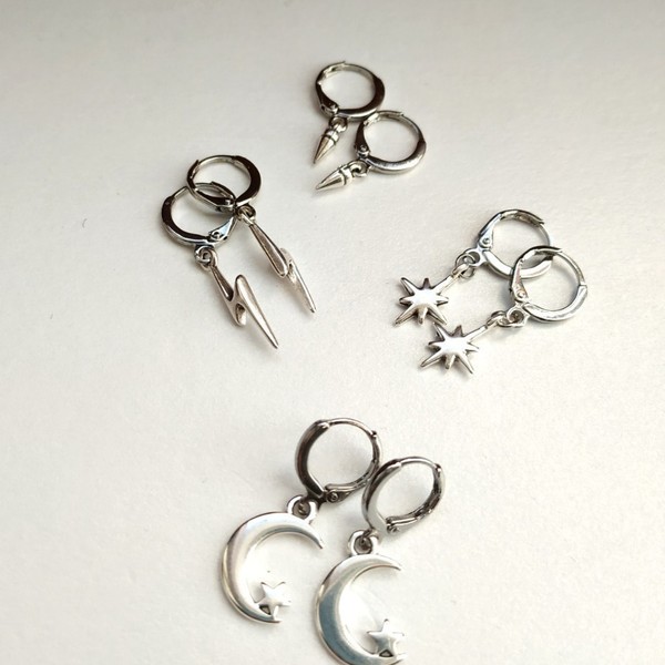 Σκουλαρίκια μίνι κρικακια με στοιχεία ασημένια - ορείχαλκος, επάργυρα, φεγγάρι, κρίκοι - 2