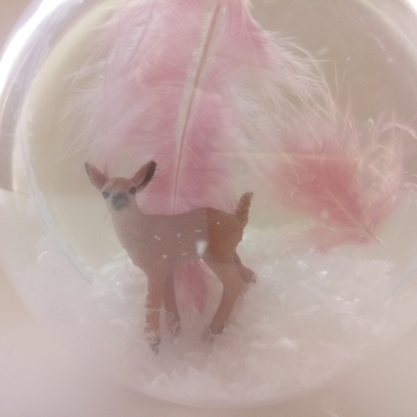 Διάφανη Μπάλα με Ελαφάκι και Ροζ Φτερά - φτερό, κορίτσι, διακοσμητικά, δώρο γέννησης, επιτραπέζιο διακοσμητικό - 2
