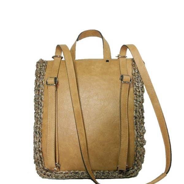 Πλεκτή backpack τσάντα με δέρμα - δέρμα, νήμα, πλάτης, πλεκτές τσάντες - 2