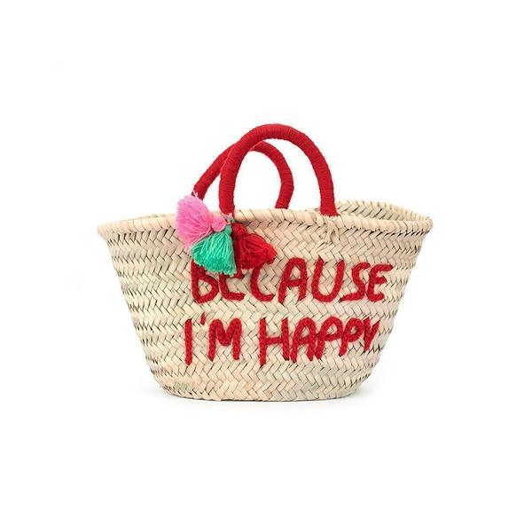 Happy Ψάθινη Τσάντα με κεντημένη φράση Because I'm Happy - ψάθα, θαλάσσης, δώρα για παιδιά, χειρός, τσαντάκια