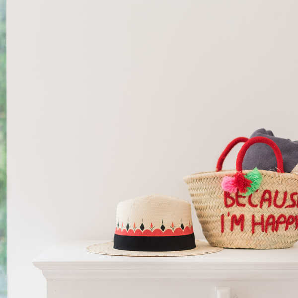Happy Ψάθινη Τσάντα με κεντημένη φράση Because I'm Happy - ψάθα, θαλάσσης, δώρα για παιδιά, χειρός, τσαντάκια - 2