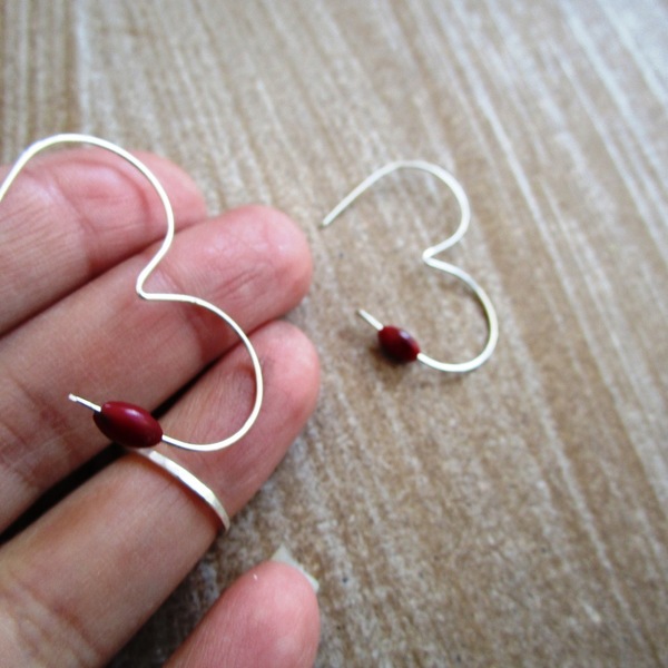 silver heart hoops| χειροποιητο σκουλαρικι καρδια κρικος - ασήμι, κοράλλι, καρδιά, κρεμαστά - 3