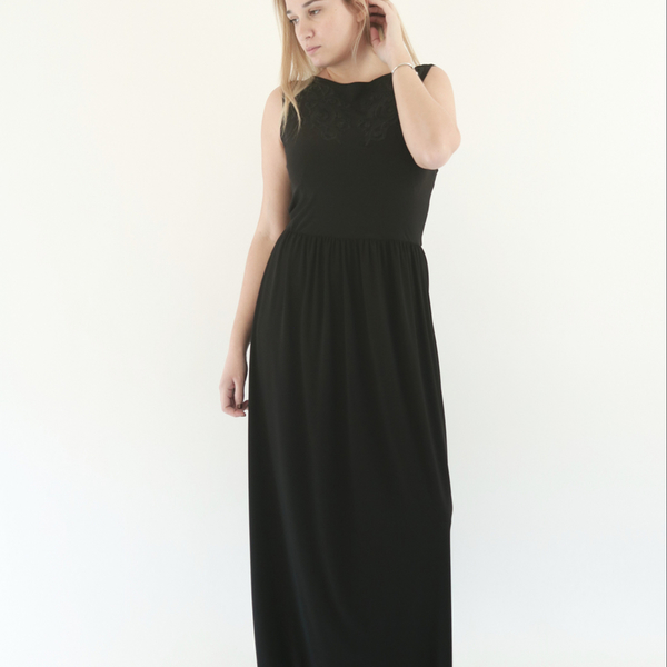 Μαύρο μακρύ φόρεμα με δαντέλα - δαντέλα, γάμου - βάπτισης - 4