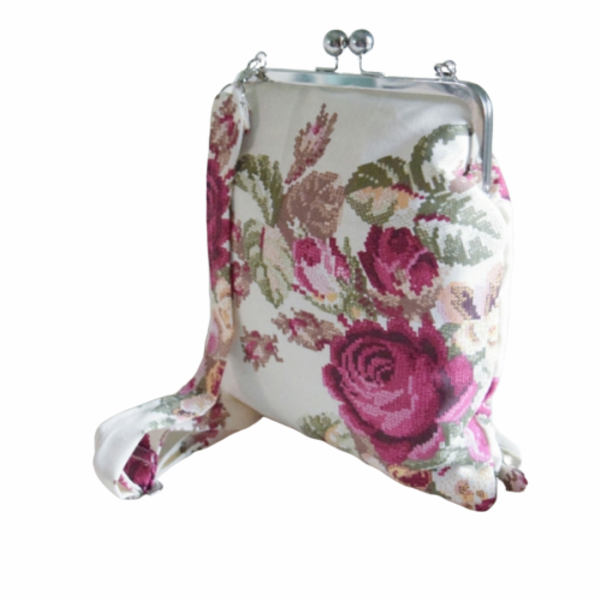 Firenze backpack με μεταλλικό πλαίσιο και floral ύφασμα - πλάτης, σακίδια πλάτης, φλοράλ, romantic, βραδινές, μικρές