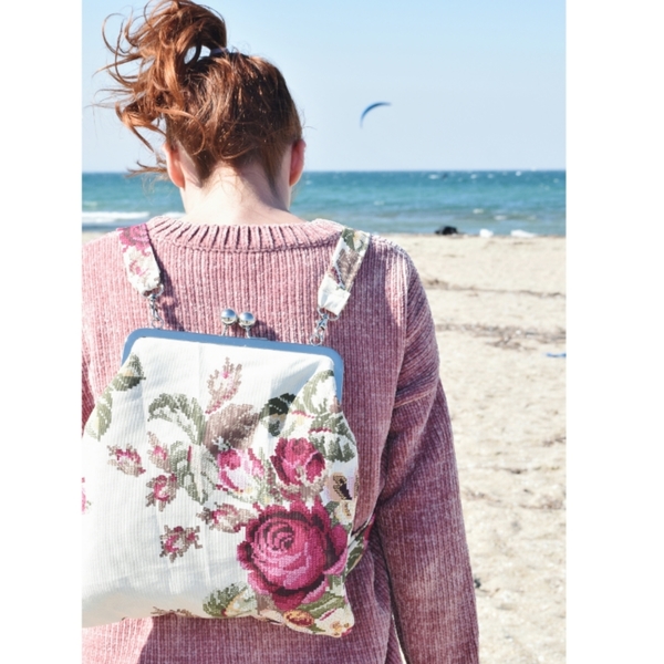Firenze backpack με μεταλλικό πλαίσιο και floral ύφασμα - πλάτης, σακίδια πλάτης, φλοράλ, romantic, βραδινές, μικρές - 3
