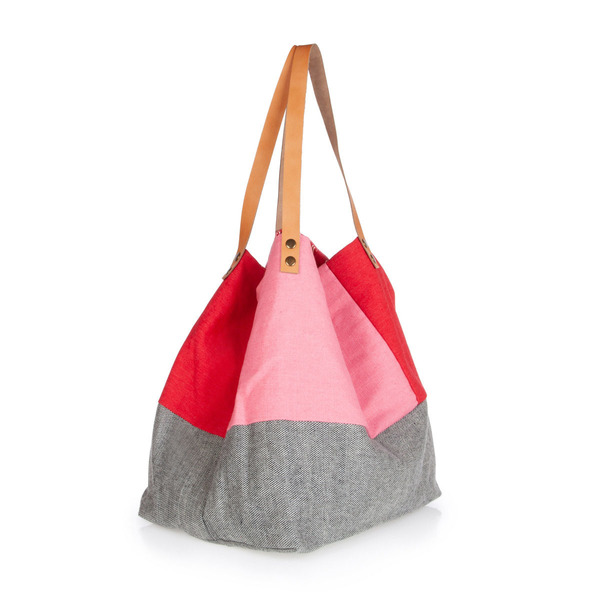 Χειροποίητη τσάντα ώμου oversized διπλής όψης pink - δέρμα, ύφασμα, ώμου, διπλής όψης