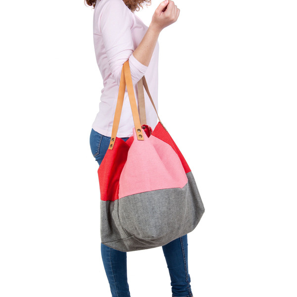 Χειροποίητη τσάντα ώμου oversized διπλής όψης pink - δέρμα, ύφασμα, ώμου, διπλής όψης - 3