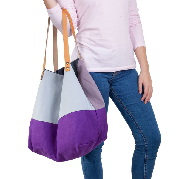Χειροποίητη τσάντα ώμου oversized διπλής όψης purple - δέρμα, ώμου, διπλής όψης - 4