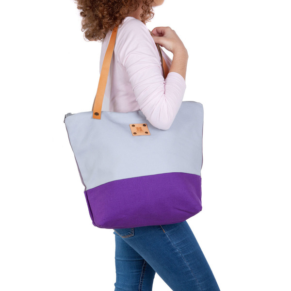 Χειροποίητη τσάντα tote με φερμουάρ purple - δέρμα, ύφασμα, ώμου, all day, tote, πάνινες τσάντες - 3