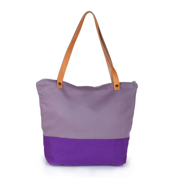 Χειροποίητη τσάντα tote με φερμουάρ purple - δέρμα, ύφασμα, ώμου, all day, tote, πάνινες τσάντες - 2