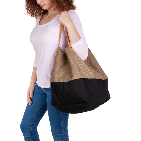 Χειροποίητη τσάντα ώμου oversized διπλής όψης sand - δέρμα, ύφασμα, ώμου, διπλής όψης - 3