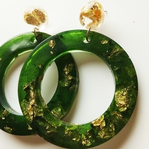 Κρίκοι πράσινοι με φύλλο χρυσού - statement, ακρυλικό, κρίκοι, boho, μεγάλα - 2
