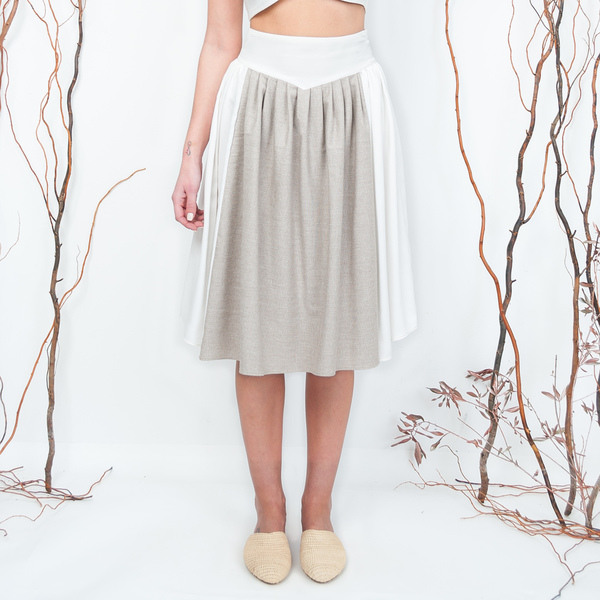 Tiassa, μεσάτη φούστα σε μπεζ και λευκό - βαμβάκι, midi - 2