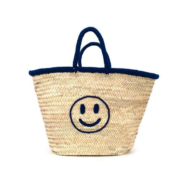 Smile Ψάθινη Τσάντα Θαλάσσης με κεντημένο χαμογελαστό πρόσωπο - ώμου, ψάθα, pom pom, μεγάλες, θαλάσσης, Black Friday, φθηνές