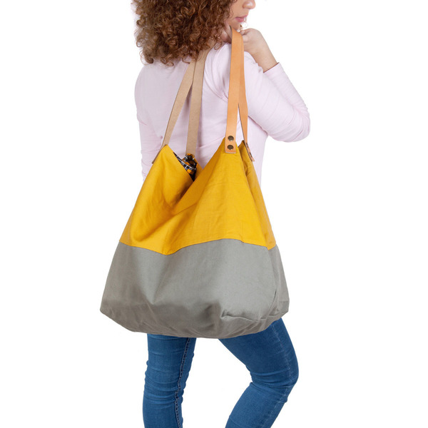 Χειροποίητη τσάντα ώμου oversized διπλής όψης - δέρμα, ύφασμα, ώμου, διπλής όψης - 4