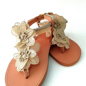 Bridal Sandals με ασημί λουλούδια - δέρμα, boho, νυφικά, φλατ, ankle strap, διχαλωτά - 4