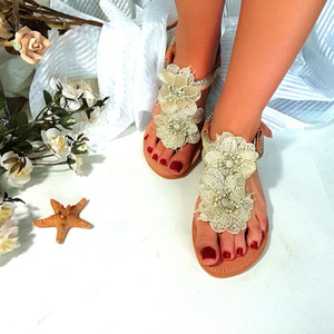 Bridal Sandals με ασημί λουλούδια - δέρμα, boho, νυφικά, φλατ, ankle strap, διχαλωτά - 3