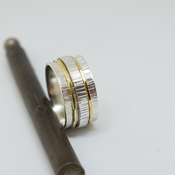 Ασημένιο δαχτυλίδι Spinner με ορείχαλκο - ασήμι, χειροποίητα - 2