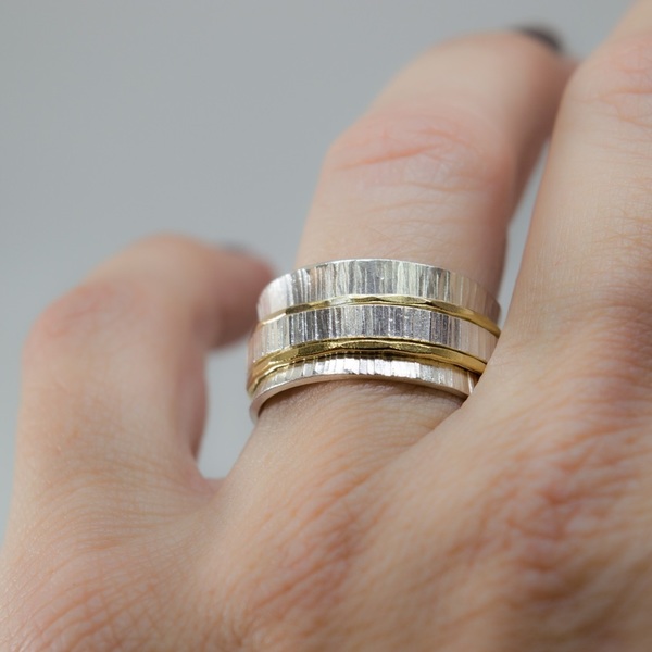 Ασημένιο δαχτυλίδι Spinner με ορείχαλκο - ασήμι, χειροποίητα - 4