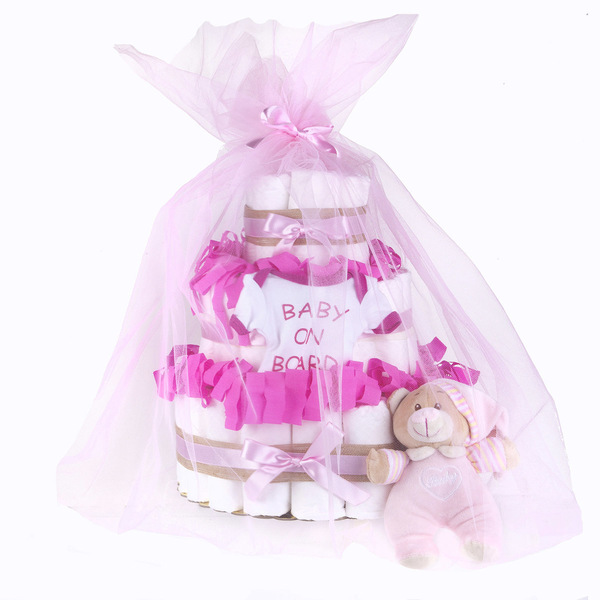 Τούρτα από πάνες - (diaper cake) για κοριτσάκι - κορίτσι, baby shower, σετ δώρου, δώρο γέννησης, diaper cake - 2