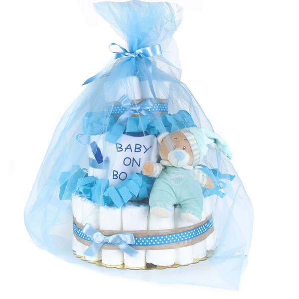 Τουρτα από πάνες - (diaper cake) για αγοράκι - αγόρι, baby shower, σετ δώρου, δώρο γέννησης, diaper cake - 2