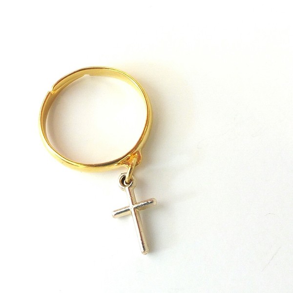 Επίχρυσο δαχτυλίδι βεράκι με σταυρό - επιχρυσωμένα, σταυρός, βεράκια, αυξομειούμενα, φθηνά - 2
