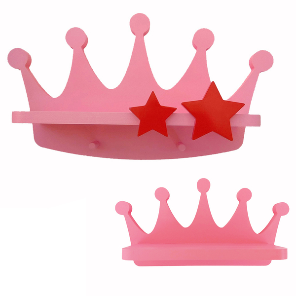 Σετ ροζ ξύλινα ράφια με κορώνα πριγκίπισσας - κορίτσι, κορώνα, πριγκίπισσα