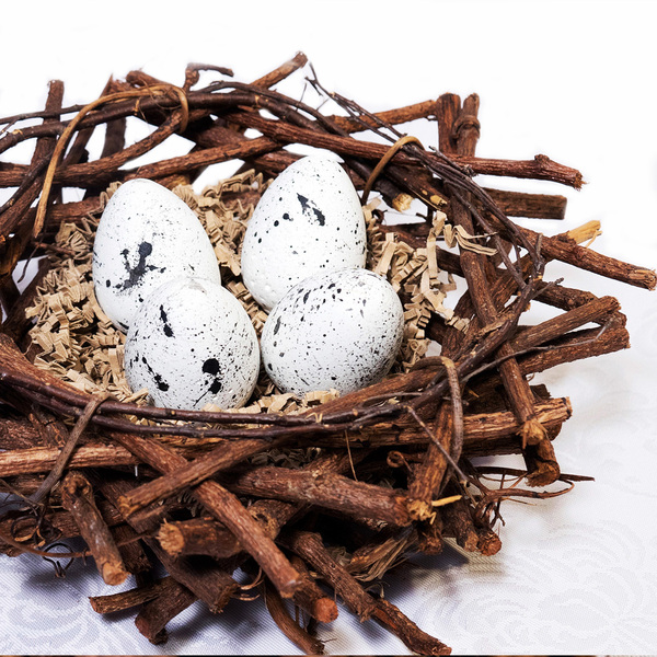 Πασχαλινή Ξύλινη Φωλιά με Λευκά πιτσιλωτά Αυγά|Σετ των 4 - διακοσμητικά, πασχαλινά αυγά διακοσμητικά, για ενήλικες, πασχαλινά δώρα