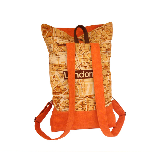 Πορτοκαλί υφασμάτινη τσάντα πλάτης - backpack - ύφασμα, πλάτης, χειροποίητα, all day - 4