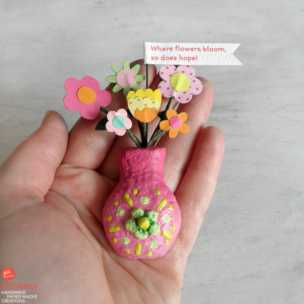 Μικρό χειροποίητο ροζ βάζο με λουλούδια, μαγνήτης - λουλούδια, δώρα γενεθλίων, δώρα για δασκάλες, μαγνητάκια ψυγείου - 2