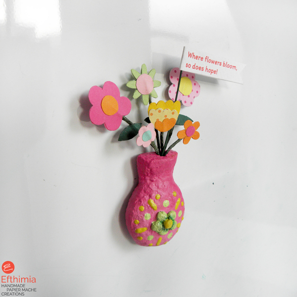 Μικρό χειροποίητο ροζ βάζο με λουλούδια, μαγνήτης - λουλούδια, δώρα γενεθλίων, δώρα για δασκάλες, μαγνητάκια ψυγείου - 3