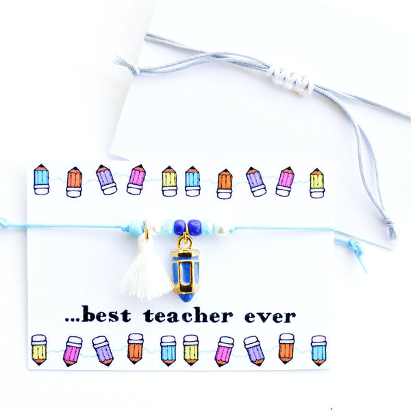 Βραχιόλι για την δασκάλα με μπλε μολυβάκι - charms, μακραμέ, χειροποίητα, δώρα για δασκάλες, αυξομειούμενα