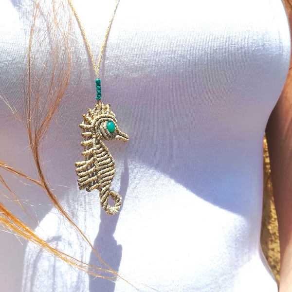 Gold Seahorse necklace!!!! - ημιπολύτιμες πέτρες, ιδιαίτερο, νεφρίτης, μακραμέ - 4