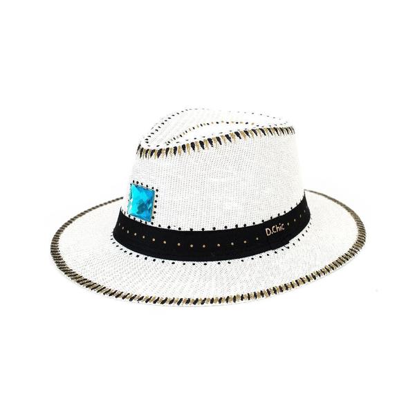 Arizona λευκό χειροποίητο καπέλο Παναμά με boho σχέδια και ημιπολύτιμο πετράδι - ιδιαίτερο, boho, ψάθινα